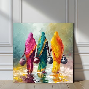 Indian Women Art Canvas: Colorful Sari Painting, Cultural Wall Decor
