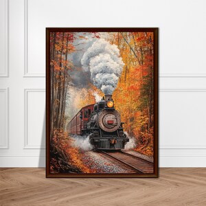 Póster vintage de tren de vapor otoñal, arte mural de ferrocarril con follaje otoñal, pintura de paisaje de tren rústico, impresión artística de locomotora retro