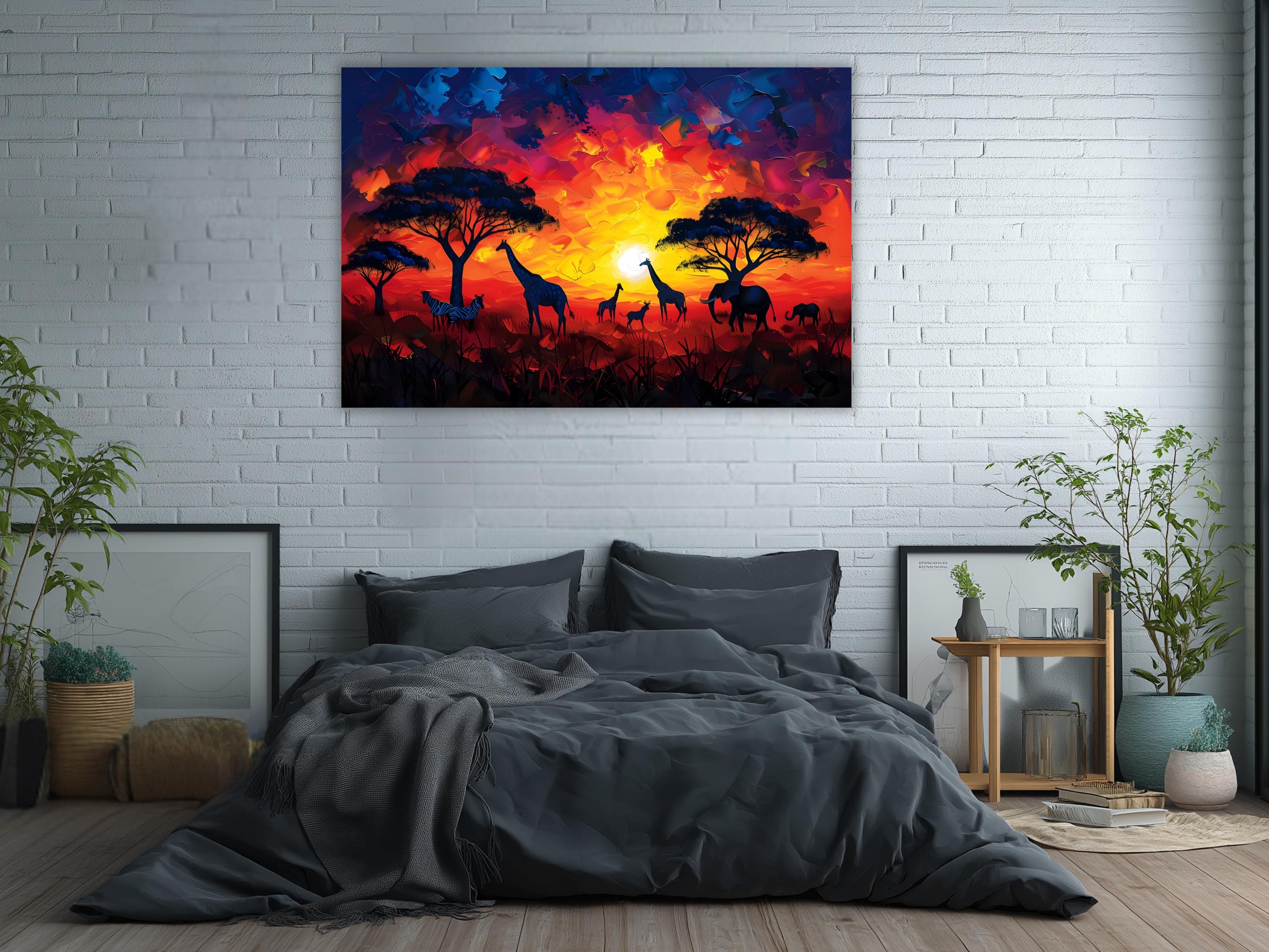 African Safari Sunset Canvas Print – Wildlife Silhouette, Giraffe and ...