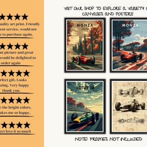 May include: Four framed art prints featuring vintage race cars. Two prints are of Monza, Italy, and one is of the Lotus 38 Indianapolis 500. The fourth print is a blueprint-style drawing. Text reads "Visit our shop to explore a variety of canvases and posters!"