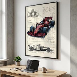 Op de afbeelding: Een ingelijste wandkunstprint met een technische blauwdrukillustratie van een rode Formule 1-raceauto. Het kunstwerk bevat een gedetailleerd perspectief, een vooraanzicht en een zijprofielschets, vergezeld van technische annotaties en tekst.