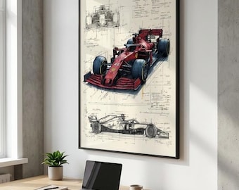 Może przedstawiać: Oprawiony wydruk ścienny przedstawiający techniczną ilustrację typu schemat czerwonego samochodu wyścigowego Formuły 1. Grafika zawiera szczegółowy widok perspektywiczny, widok z przodu oraz szkic profilu bocznego wraz z technicznymi adnotacjami.