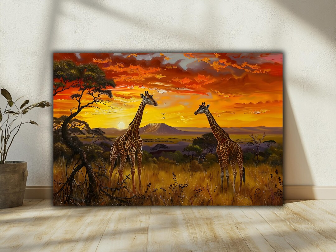 Giraffe Safari Canvas Wall Art Print - African Sunset Landscape ...
