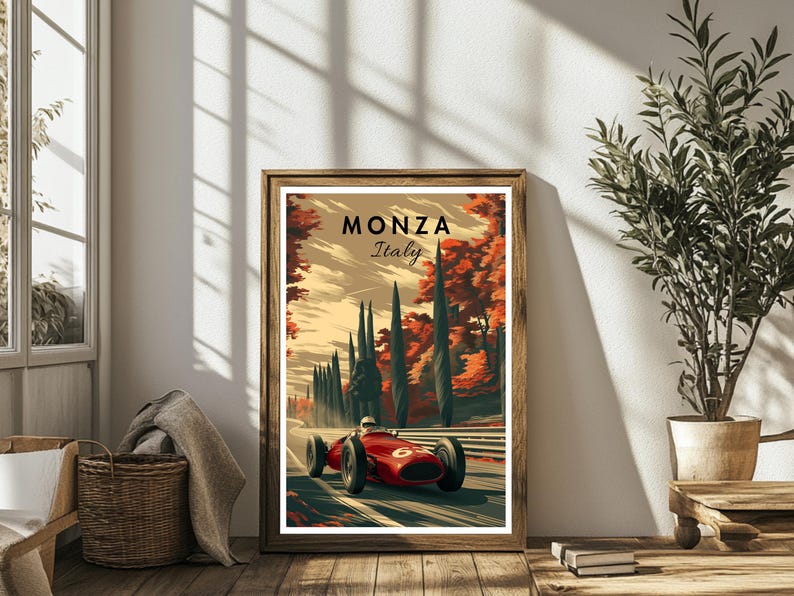 May include: Vintage travel poster featuring a red racing car driving on a track through a forest of trees. The poster has the text "MONZA Italy" at the top.