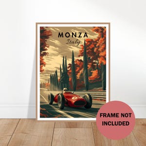 May include: A framed print featuring a vintage race car speeding along a track in Monza, Italy. The artwork showcases a red race car with the number 6, set against a backdrop of tall trees and autumn foliage. The text "MONZA Italy" is at the top.