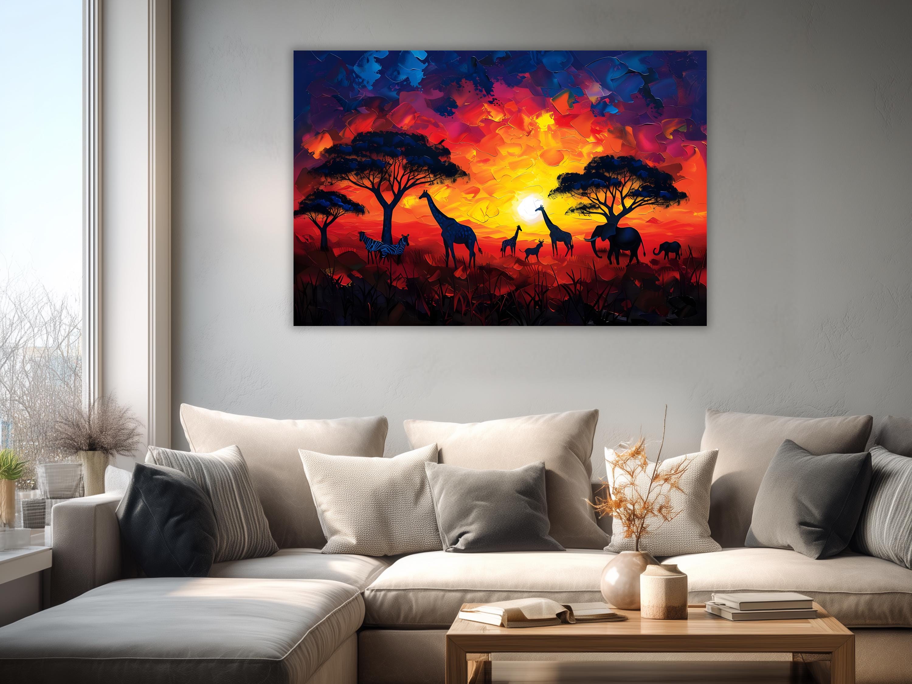African Safari Sunset Canvas Print – Wildlife Silhouette, Giraffe and ...