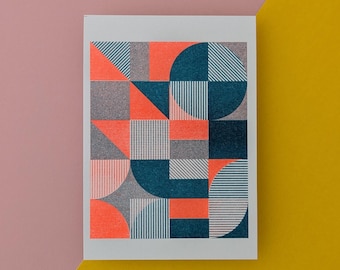Pinstripe Riso Print A6 | Fluorescent Orange and Teal Risograph | Colourful Geometric Art