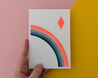 Rainbow Riso Print A6 | Fluorescent Orange and Teal | Colourful Abstract Art