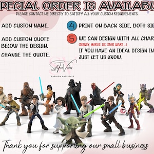 Puede incluir: Un gr&aacute;fico con fondo rosa y texto blanco que dice "Pedido especial disponible". El gr&aacute;fico tambi&eacute;n incluye una lista de cinco opciones para personalizar un producto. Las opciones incluyen agregar un nombre personalizado, agregar una cita personalizada, cambiar la cita, imprimir en la parte posterior y dise&ntilde;ar con todos los personajes. El gr&aacute;fico tambi&eacute;n incluye una imagen de varios personajes de Star Wars.
