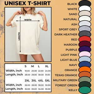 Puede incluir: Tabla de tallas de camiseta unisex con medidas en pulgadas. La tabla muestra el ancho y la longitud de la camiseta en pulgadas para las tallas S, M, L, XL, 2XL, 3XL, 4XL y 5XL.