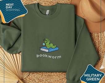 Bookworm Embroidered Sweatshirt – Cute Comfort Colors Shirt for Book Lovers, Bookish Gifts