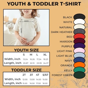 Puede incluir: Tabla de tallas para camisetas de ni&ntilde;os y beb&eacute;s. La tabla muestra el ancho y la longitud en pulgadas para diferentes tallas, incluyendo S, M, L, XL, 2T, 3T, 4T y 5/6T. La tabla tambi&eacute;n incluye una muestra de color para cada opci&oacute;n de color, incluyendo negro, blanco, natural, gris oscuro, rojo, granate, morado, rosa claro, azul claro, azul marino, naranja, verde oscuro y verde bosque.