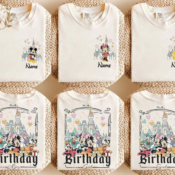 Chemise couleur confort personnalisée pour personnage d'anniversaire Disney, anniversaire garçon fille Disney, équipe d'anniversaire d'anniversaire, voyage d'anniversaire Mickey et ses amis