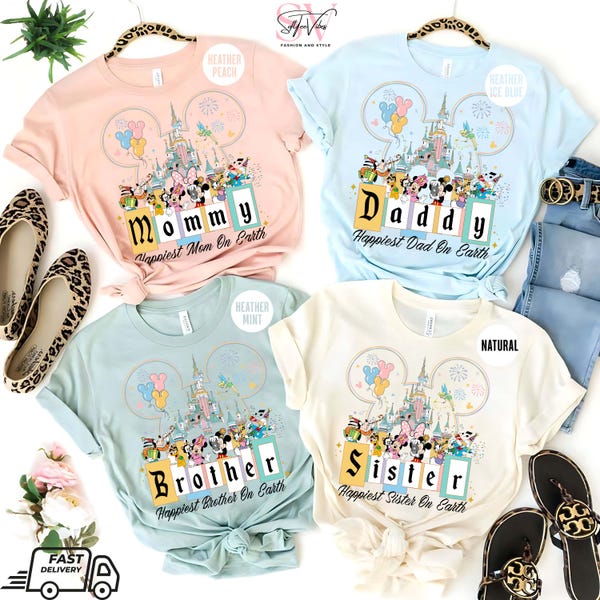 Retro Mickey & Friends Happiest Mom Dad on Earth Personalized Shirt, Custom Name Birthday Girl Boy Shirt, WDW Disneyland Family Matching Tee