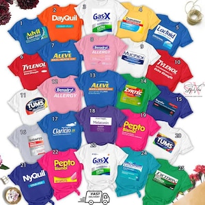 May include: A collection of colorful t-shirts, each featuring a different brand name and product packaging design. Brands include Advil, Tylenol, DayQuil, Gas-X, Dramamine, Lactaid, Aleve, Benadryl, Mucinex, Zyrtec, and others. The shirts are arranged in a grid.