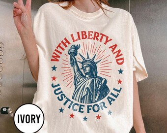 Frihetsgudinnan T-shirt, med frihet och rättvisa T-shirt, patriotisk 4 juli T-shirt, självständighetsdagen Frihet T-shirt, USA Amerika T-shirts