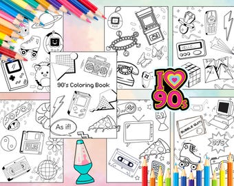 90's Themed Coloring Pages for Adults and Kids! 90's Coloring Book, 90s themed Party! Digital Download PDF Print at Home Bold Easy Designs