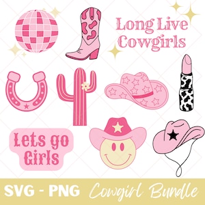 Cowgirl Bundle SVG PNG, Rodeo, Western SVG, Disco Cowgirl, Pink Cowgirl Clipart, Stivali da cowgirl, cappello da cowgirl, file tagliati, Salve, Let's Go Girls