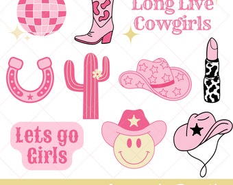 Cowgirl Bundle SVG PNG, Rodeo, Western SVG, Disco Cowgirl, Pink Cowgirl Clipart, Cowgirl boots, cowgirl hat, cut files, Howdy, Lets Go Girls
