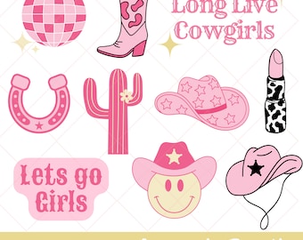 Cowgirl Bundle SVG PNG, Rodeo, Western SVG, Disco Cowgirl, Pink Cowgirl Clipart, Cowgirl boots, cowgirl hat, cut files, Howdy, Lets Go Girls