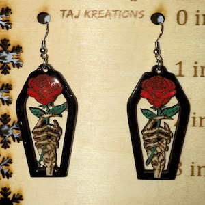 Skeleton Hand Rose Coffin Halloween Wood Earrings Laser Cut