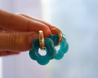 Marbled Acrylic Flower Earrings, Gold Hoop, Modern Jewelry