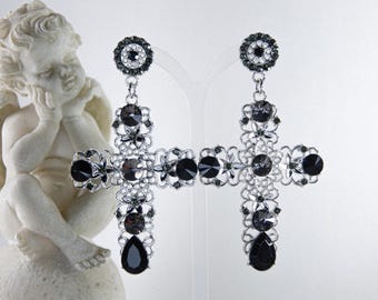 Vintage Black Crystal Cross Drop Earrings for Women Baroque Bohemian Large Long Earrings Jewelry