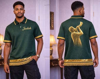 Green and gold feast day polo shirt Tribe Trumpet
