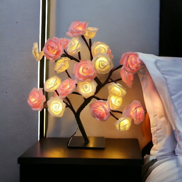 Lampe fleur de rosier, lumières LED fleurs blanches, veilleuse romantique, lampe de bureau colorée, joli éclairage de chevet floral, décoration de chambre à coucher