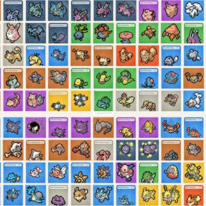 May include: A grid of 151 pixel art character icons arranged in rows and columns. Each square features a unique creature in various colors including blue, green, orange, yellow, and purple. Some squares contain text labels like Basic Energy.