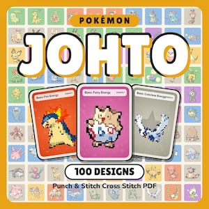 May include: A digital pattern collection featuring the text POKÉMON JOHTO and 100 DESIGNS Punch & Stitch Cross Stitch PDF. The image displays three pixel-art style cards labelled Basic Fire Energy, Basic Fairy Energy, and Basic Colorless Energy.
