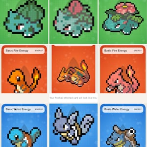 May include: A grid of nine pixel art illustrations featuring various creatures. The top row shows green grass-type creatures, the middle row shows orange fire-type creatures labeled Basic Fire Energy, and the bottom row shows blue water-type creatures labeled Basic Water Energy.