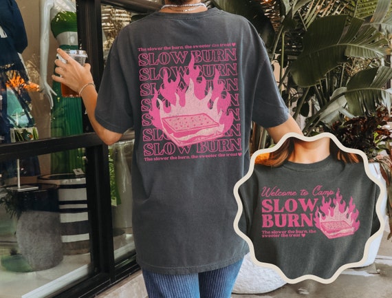 Romance Book Merch Shirt | Slow Burn Lover Tee | Pink Distressed Happy Camper Top