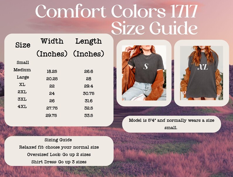 May include: Size chart for a t-shirt with measurements in inches. The chart shows the width and length of the shirt in inches for sizes small through 4XL. The chart also includes a sizing guide for relaxed fit, oversized look, and shirt dress.