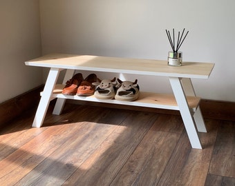 Hall Bench With Shoe Storage Shelf | 12 Colours Available | Stylish Footwear Rack | Modern Wooden Shoe Bench | Custom Sizes Available