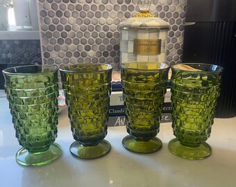 Indiana Glass Whitehall Cubist Avocado Green Fostoria Footed Glasses