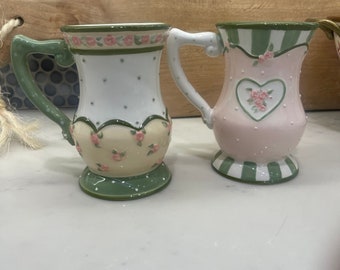 Karla Dornacher Polka Dots 3D Embossed pink green cream floral Coffee Tea Mug Mixed Match -SET OF 2