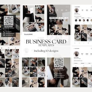 Op de afbeelding: Een digitale productmockup met visitekaartjessjablonen met 10 ontwerpen. De afbeelding toont verschillende lay-outs met een minimalistische esthetiek, inclusief QR-codes en weergaven van sociale mediaprofielen. Het kleurenschema is voornamelijk zwart en wit.