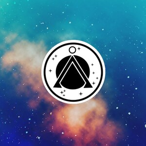 May include: A circular black and white logo featuring a geometric design of a triangle and a circle, set against a vibrant, colorful nebula background with stars. The logo is surrounded by a white border.