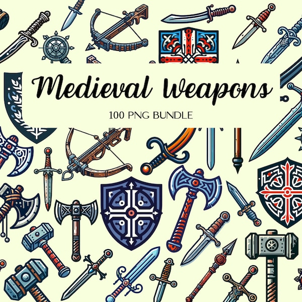 Medieval Weapon Clipart Set - Viking Axe, Sword, Shield Vectors - Perfect for Educational Projects and Middle Age Gift