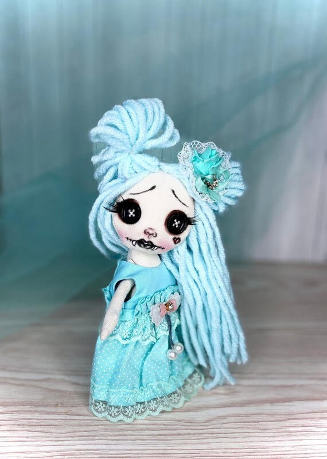 Creepy Cute Goth Cloth Vampire Doll With Big Button Eyes and Blue Hair ...
