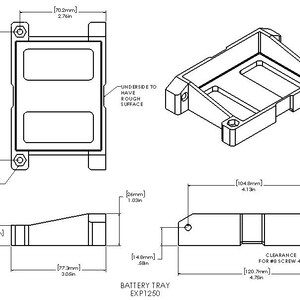 May include: Technical drawing of a battery tray, EXP1250 model, with dimensions in inches. The tray has a rectangular design with recessed areas and mounting holes. Measurements include 2.76in x 4.13in, and 4.75in.