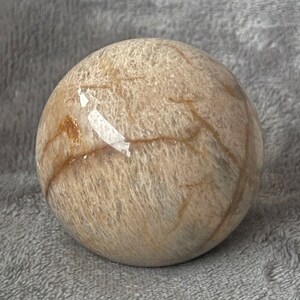 Op de afbeelding: Een gladde, ronde, lichtbruine bol met witte en bruine aderen die er doorheen lopen. De bol heeft een gepolijste afwerking.