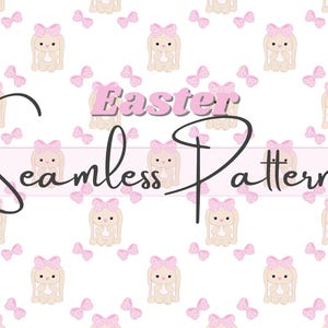 Op de afbeelding: Een naadloos Paaspatroon met beige konijntjes met roze strikken en kleine roze strikjes op een witte achtergrond. De woorden "Easter" en "Seamless Pattern" worden weergegeven in roze en zwart.