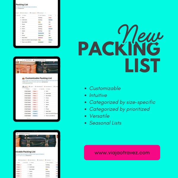 Complete Notion Template Travel Packing List, Espanol e English Customizable Packing List, Digital Template, Local Packing List For Vacation