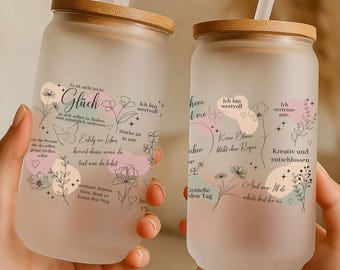 Personalized drinking glass with glass straw, Happy Mindset Cup Self-love, Mental Health, Coffee Glass, Good Vibes Gift for Mom's Birthday