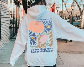 Felpa con cappuccio floreale, felpa da yoga con stampa floreale, felpa boho, felpa con cappuccio da donna con slogan, stampa di fiori selvatici sul retro, regalo per la festa della mamma, motivazione