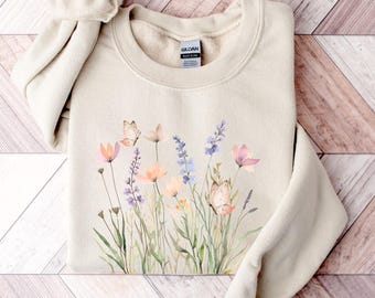 Watercolor Pressed Flowers Sweatshirt Vintage Boho Cottagecore Crewneck, Fairycore Wildflowers Sweatshirt, Pastel Botanical Floral Pullover