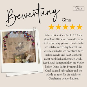 May include: A gift bag with the text "ORTY THIRTY" and the year "1993" is shown in a photo with a five-star review. The review is written in German and includes the name "Gina". The bag is filled with gifts.