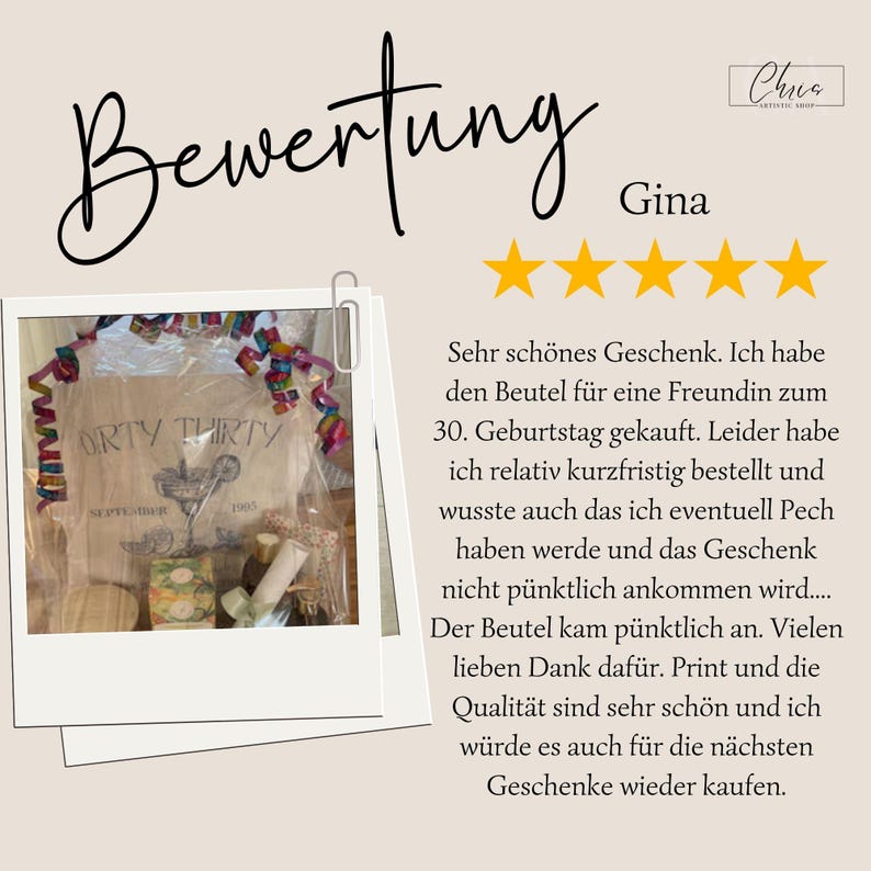 May include: A gift bag with the text "ORTY THIRTY" and the year "1993" is shown in a photo with a five-star review. The review is written in German and includes the name "Gina". The bag is filled with gifts.